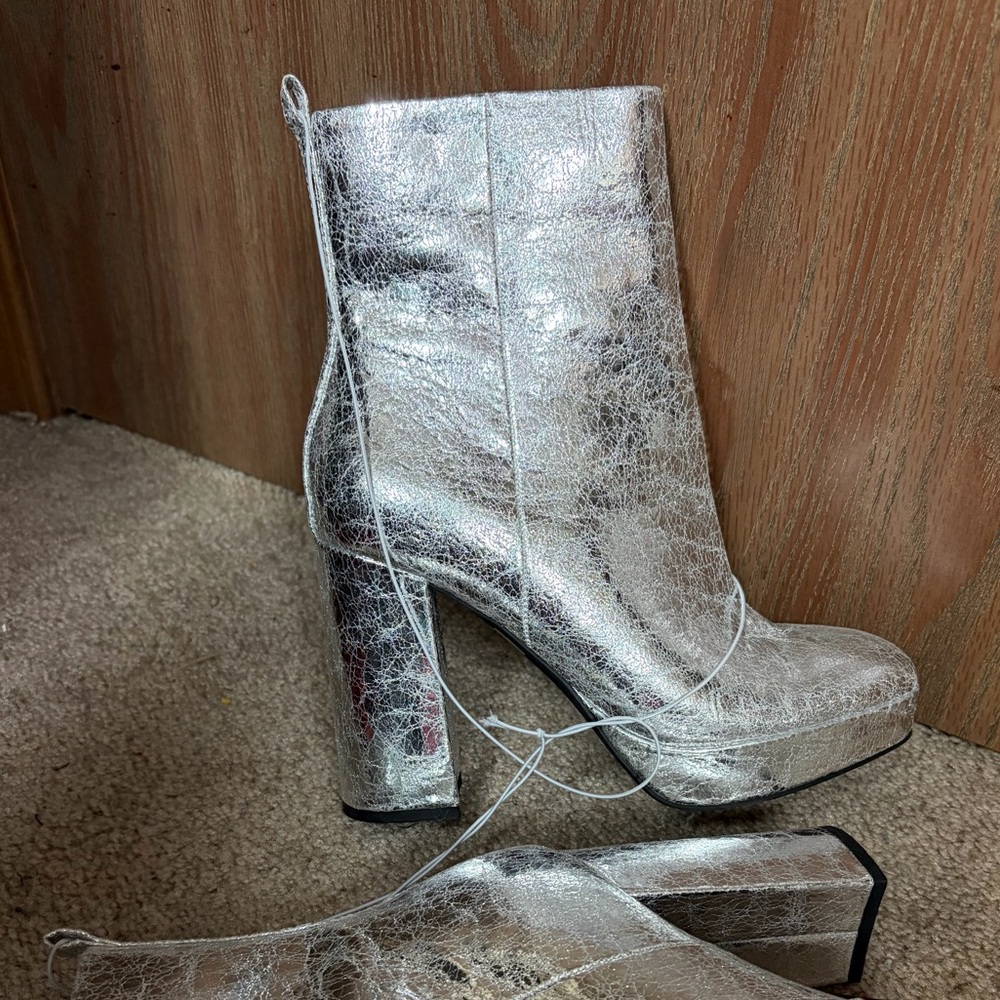 Report Silver Metallic Platform Block Heel Ankle Boots